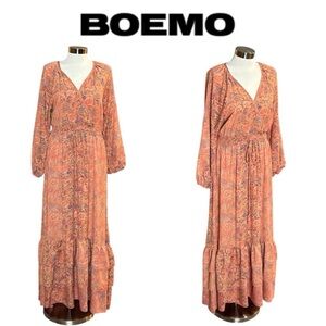 BOEME ANTHROPOLOGIE BOHO FLORAL V NECK LONG SLEEVE TIERED TASSEL TIE MAXI DRESS